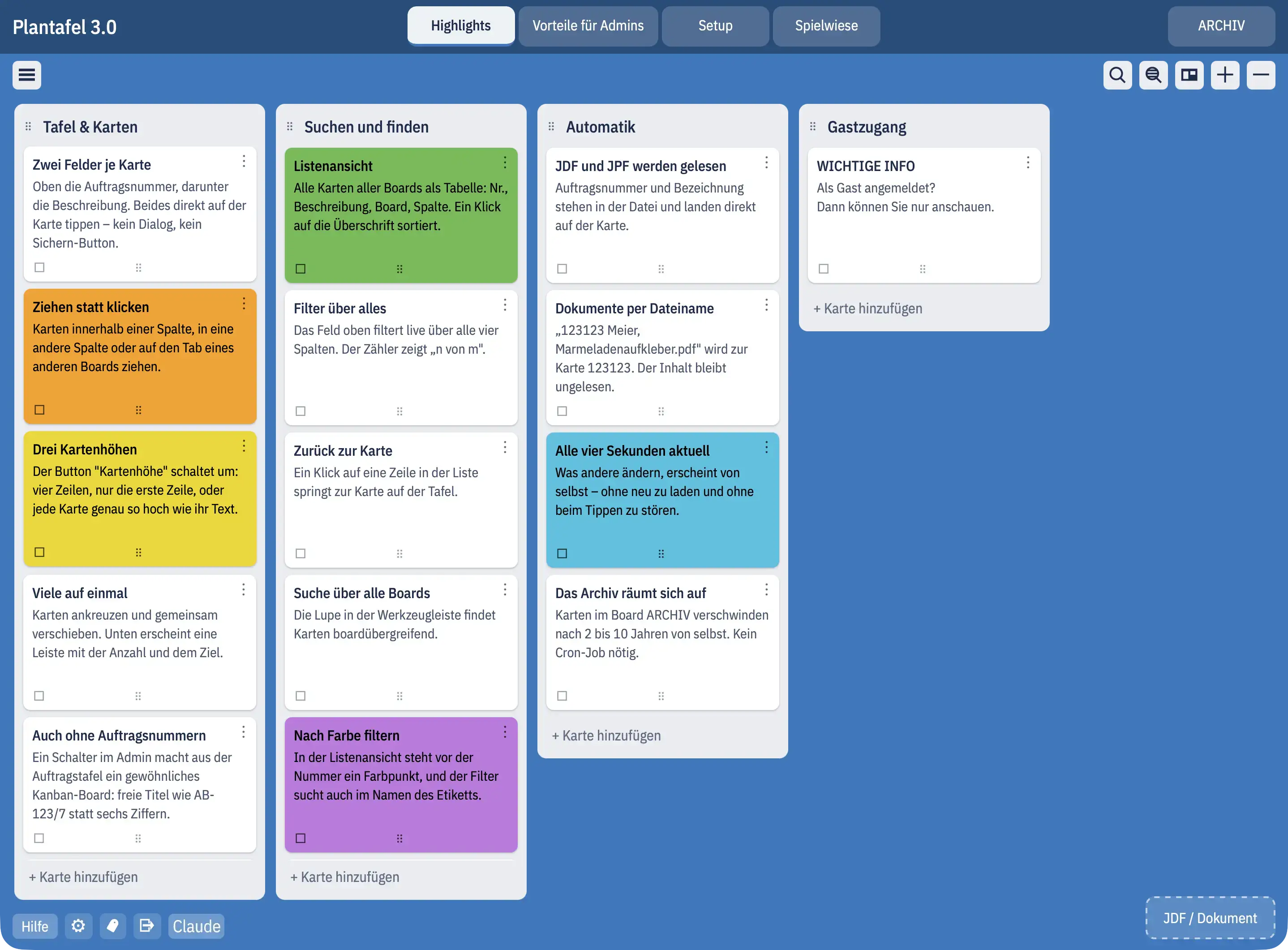 Die Plantafel im Browser: oben die Board-Tabs, darunter Spalten mit Karten, einige davon mit Farbetikett, unten links der Button „Hilfe“